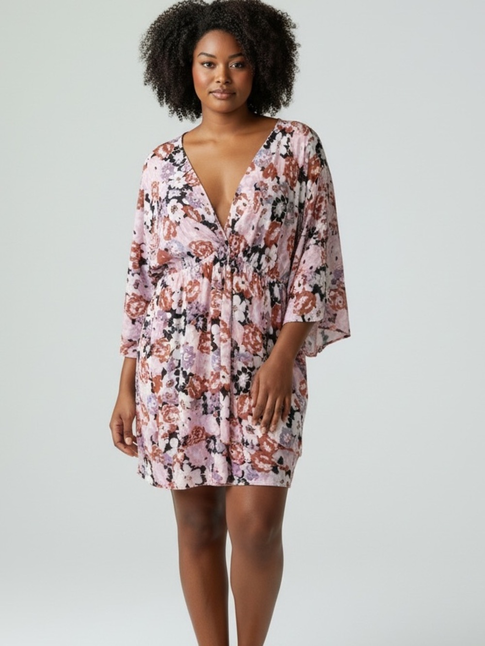 Pink Lady Navy and Pink Floral v neck soft lightweight tiered dress in 2Xlg